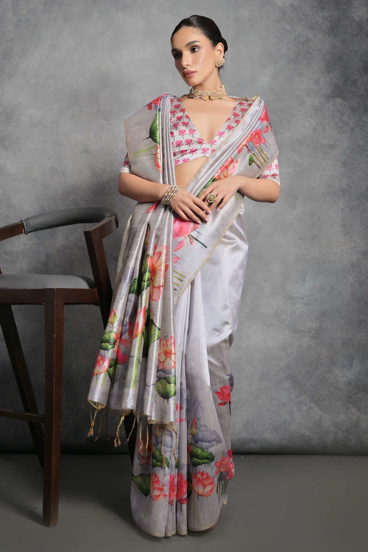 Buy Designer Lotus Print Tussar Silk Saree Online